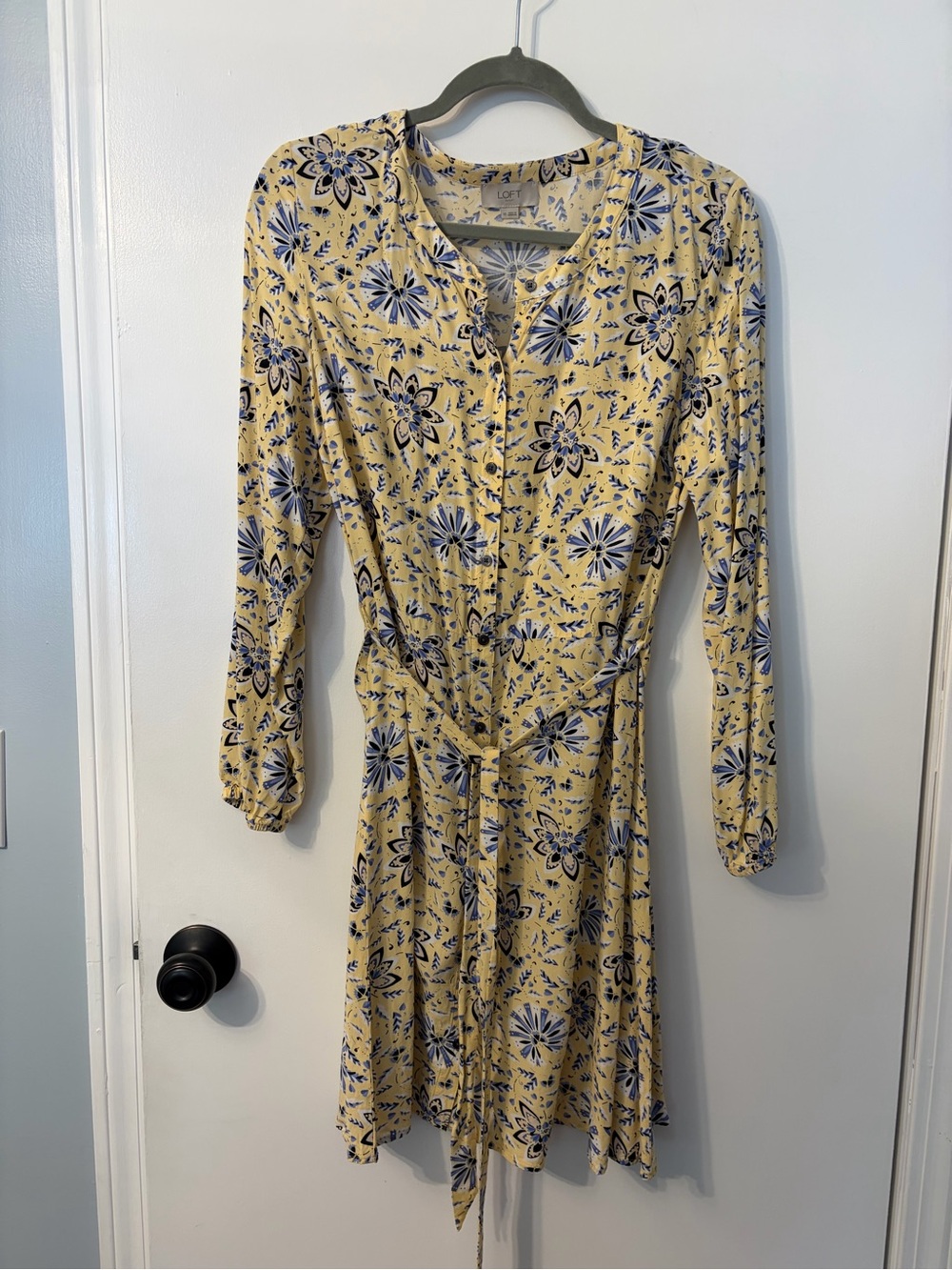 LOFT Yellow Floral Button-Front Long Sleeve Dress